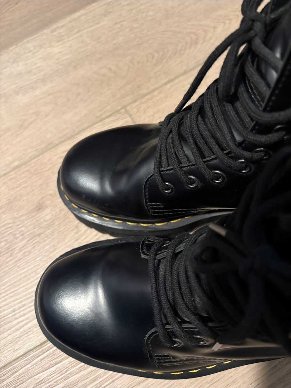 Dr. Martens Black Leather Platform Lace-Up Boots with Yellow Stitching - Picture 5 of 8